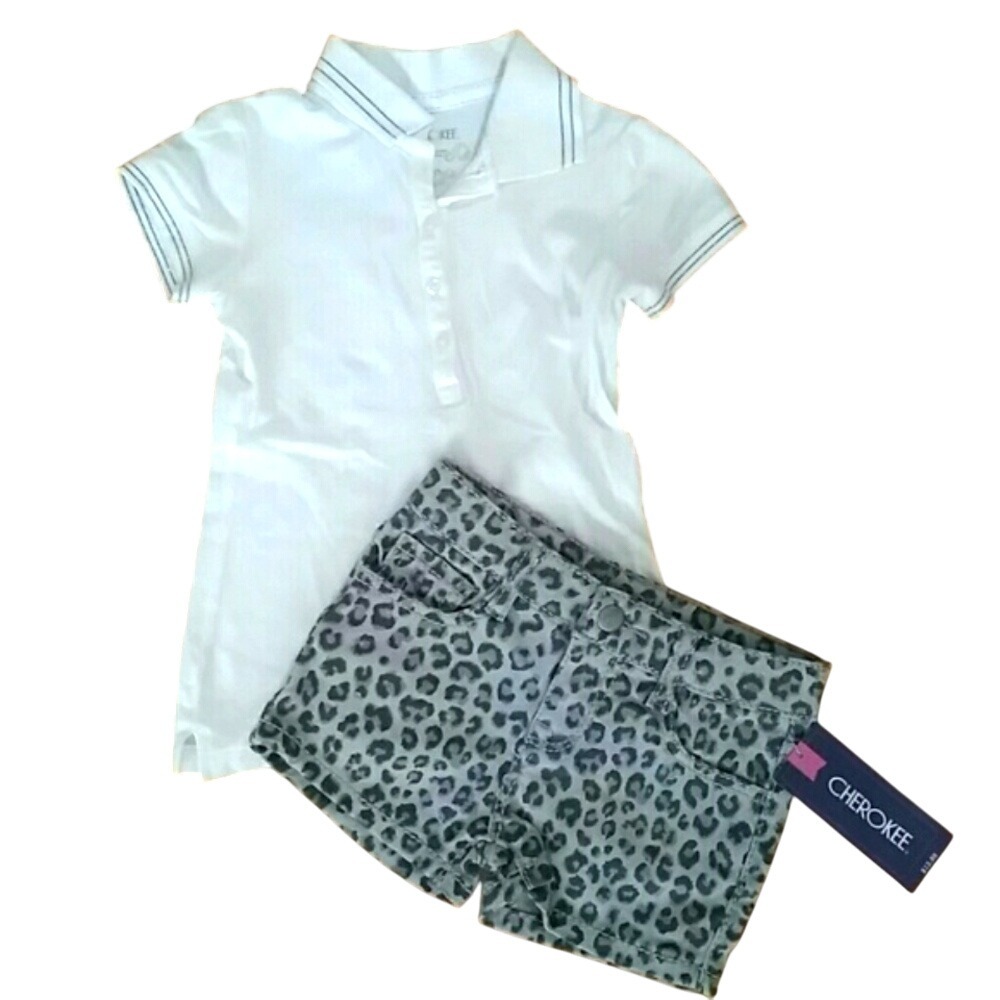 Cherokee Girls XS‎ Grey Cheetah Jeans Shorts Set with White Polo
